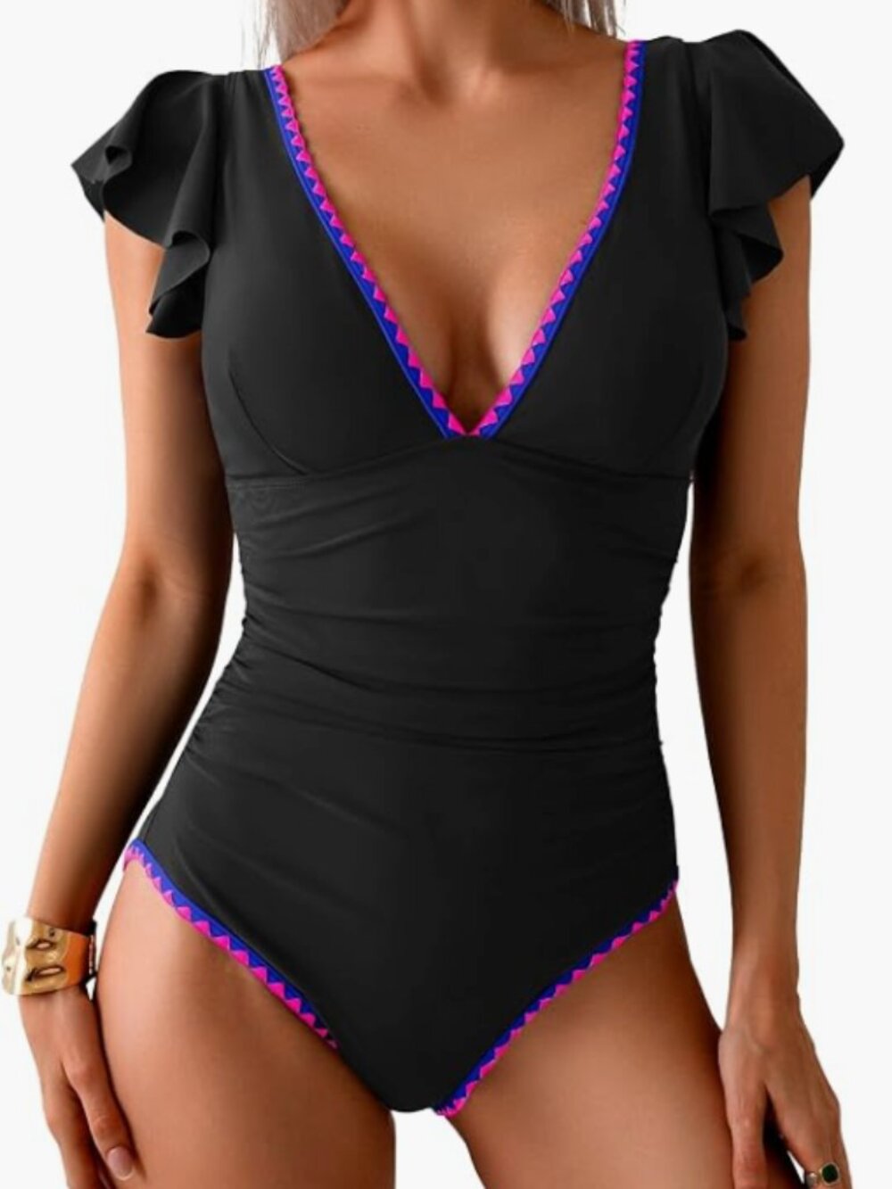 Women One Piece Swimsuit V Neck Ruffle Slimming Bathing Suit Small